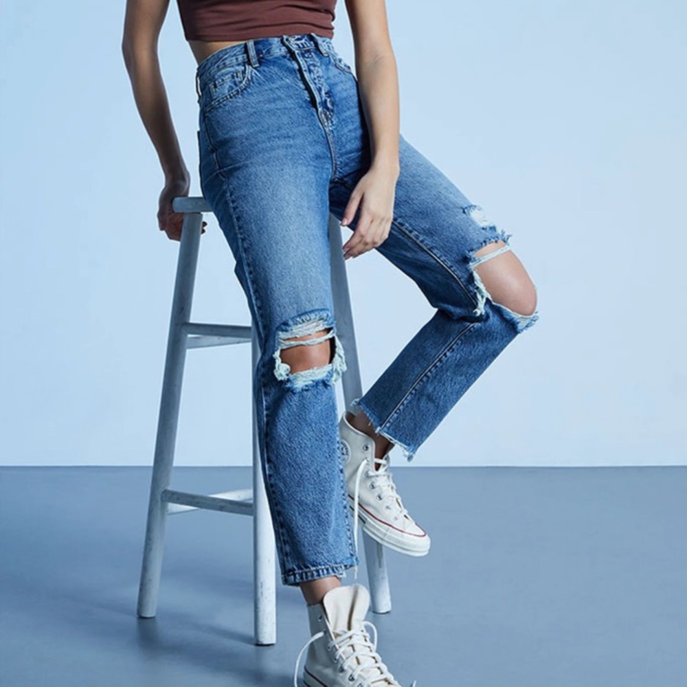 PacSun Medium Blue Distressed High Waisted Straight Leg Jeans